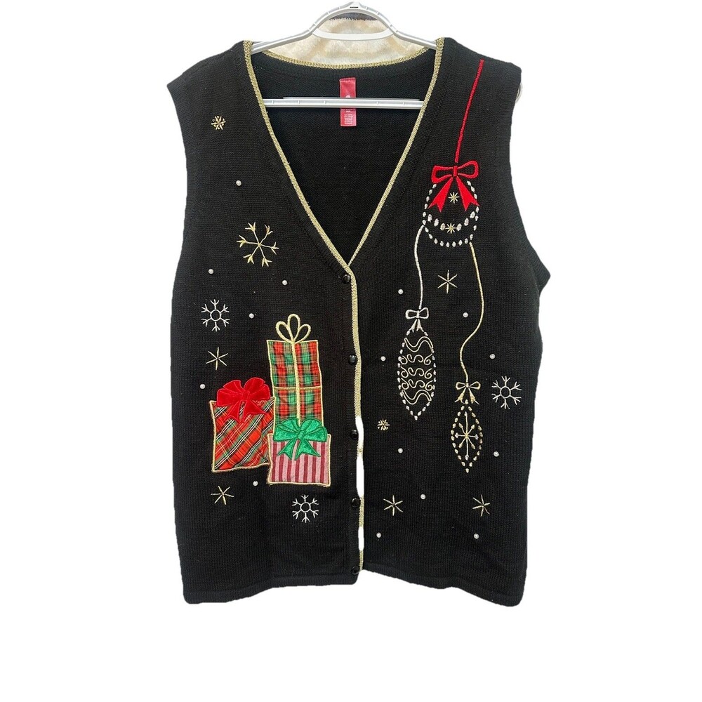 Croft & Barrow Plus XXL Ugly Christmas Sweater Vest Black Embroidered Ornaments